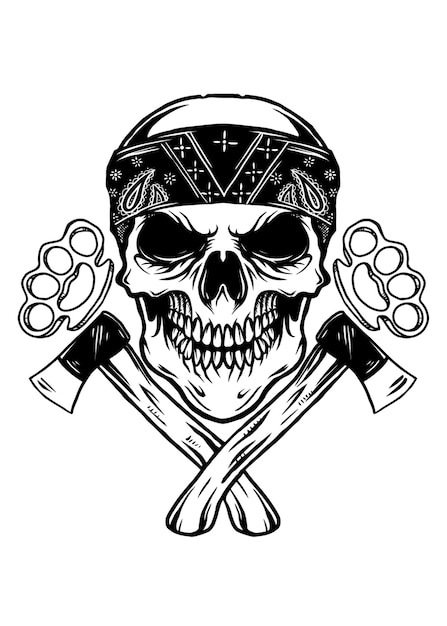 Gangster skull with bandana and weapons