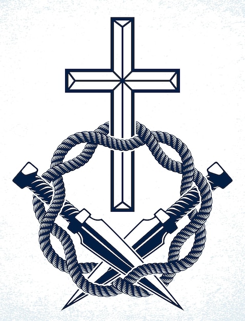 Vector gangster thug emblem or logo with christian cross, vector tattoo, anarchy and chaos, dead rebel partisan and revolutionary.