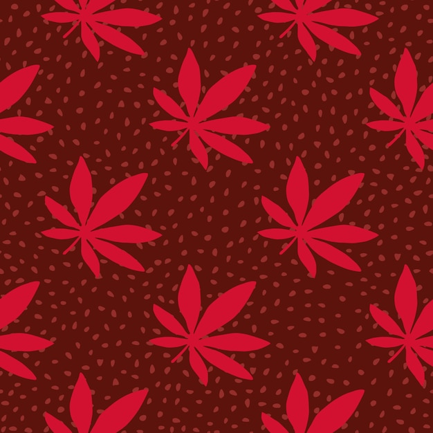 Vector ganja hand drawn seamless pattern. maroon background with dots and red cannabis leaves.