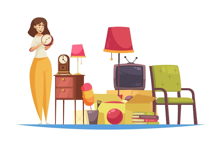 Vector garage sale composition with doodle style character of woman with clock and pieces of vintage furniture vector illustration
