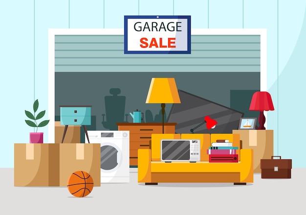 garage sale concept flat vector illustration in cartoon style