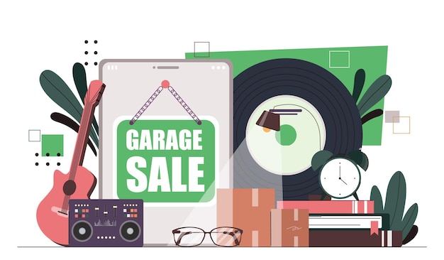 Venda di garage online concetto di chitarra e vinile oggetti di disco di plastica per la vendita negozio e negozio per i vicini