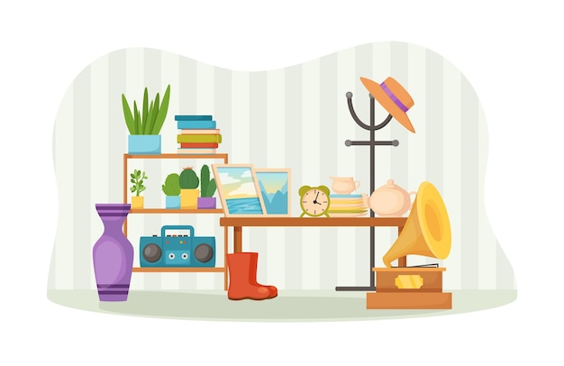 家具、本、観葉植物、古い電化製品のガレージセール