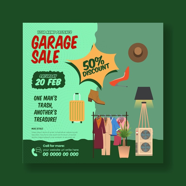 garage sale and yard sale social media post and web banner ad square flyer or poster template