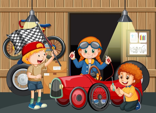 Scena del garage con bambini che riparano un'auto insieme