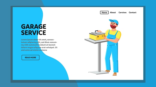 Vector garage service examination car battery vector. garage service worker man checking and repair car electronic detail. character repairman vehicle station maintenance web flat cartoon illustration