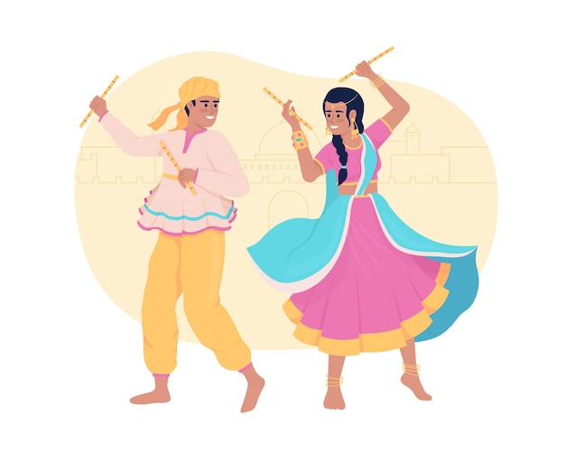 Vector garba dance with sticks on diwali 2d vector isolated illustration