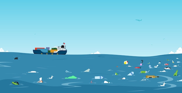 Вектор Мусор и пластиковые бутылки, выброшенные в море