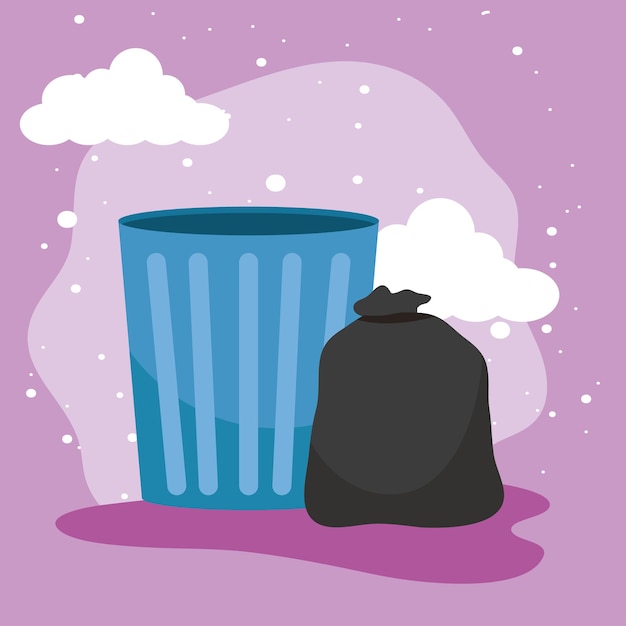 Вектор Мешок для мусора и мусор на фиолетовом фоне