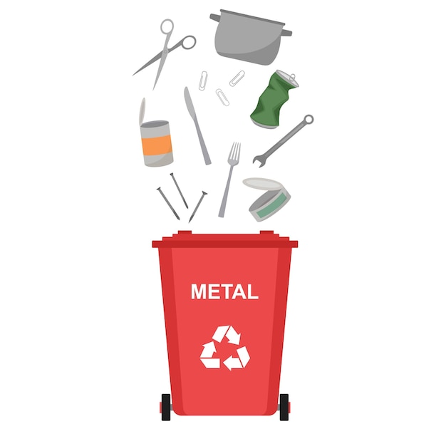 Garbage bin with metal waste, recycling garbage, vector illustration