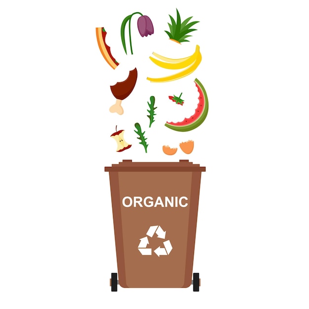 Vector garbage bin with organic waste, recycling garbage, vector illustration