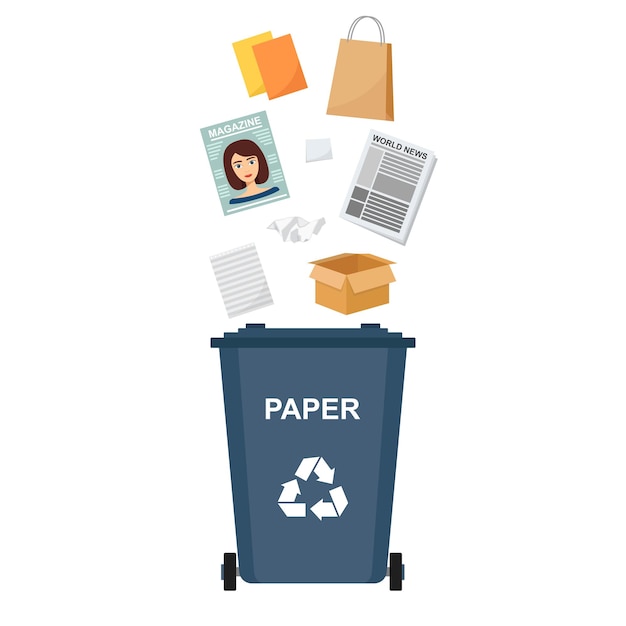 Vector garbage bin with paper waste, recycling garbage, vector illustration