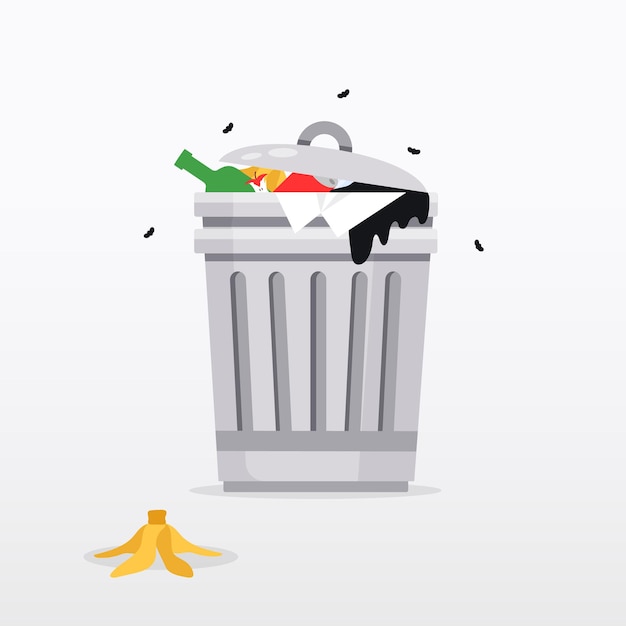 Garbage can full of overflowing trash Flat design vector illustration