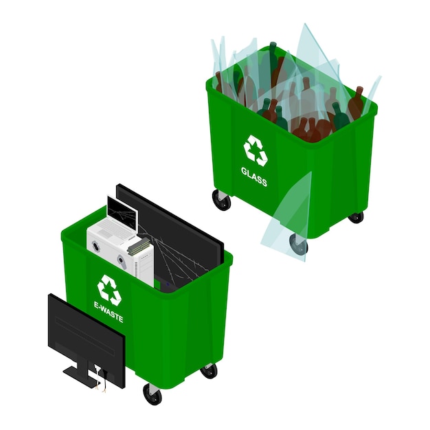 Vector garbage cans full of sorted garbage vector icons recycling garbage separation collection