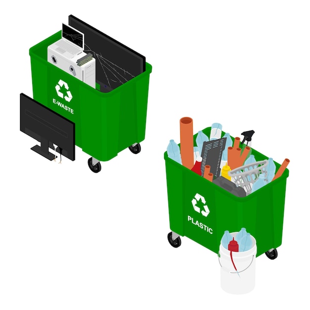Garbage cans full of sorted garbage vector icons Recycling garbage separation collection