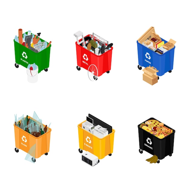 Garbage cans full of sorted garbage vector icons Recycling garbage separation collection