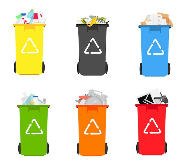 Garbage cans full of sorted garbage vector icons