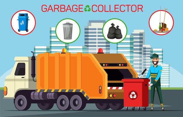 Vector garbage collection banner template with happy man in uniform municipal service poster layout smiling rubbish collector and waste disposal truck illustration