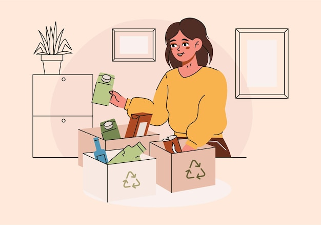 쓰레기 쓰레기 분류의 개념 쓰레기를 분류하는 여성 텍스트가 있는 배경색에 플랫 그래픽 벡터 그림