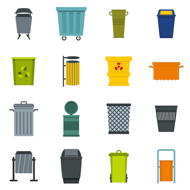 Garbage container icons set in flat style