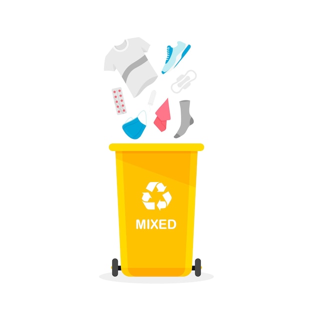 Garbage container with mixed wastes Unsorted trash Rubbish bin Vector illustration isolated