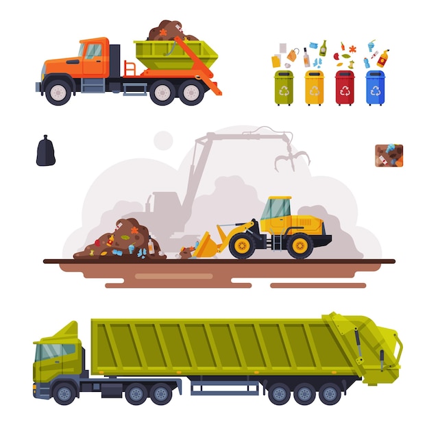 Garbage disposal set waste collection sorting processing and recycling flat vector illustration