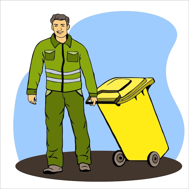 Вектор Работник по вывозу мусора в защитной одежде работает на погрузке мусоросборника коммунальной компании