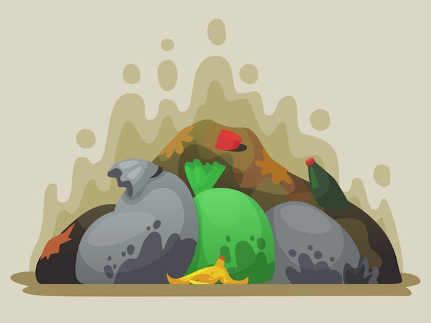 Vector garbage dump. smelly trash in garbage bags, city dumps and pile of rubbish cartoon  illustration