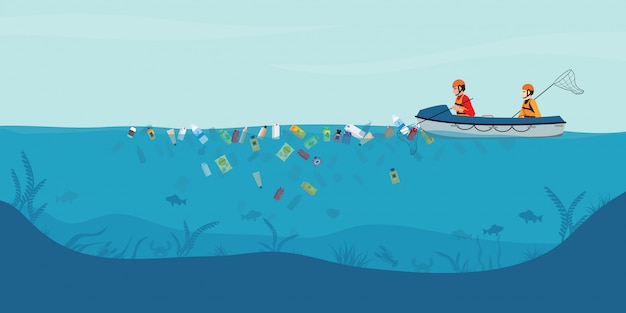 garbage floating in the water, male volunteers scavenge from the sea or ocean on boat.