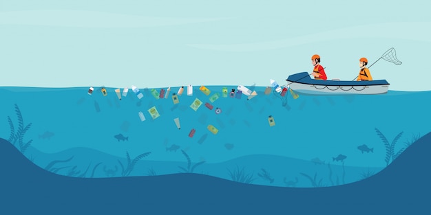 Vector garbage floating in the water, male volunteers scavenge from the sea or ocean on boat.