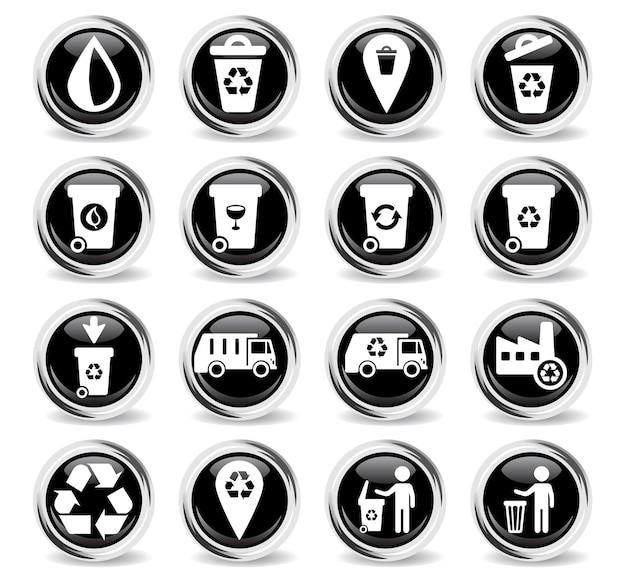 Garbage icons on round black buttons with metal ring