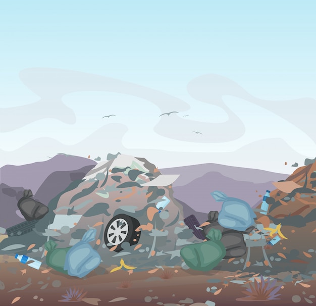  garbage. landfill full of trash on mountains background. Ecology and recycle, Pollution Environment concept.