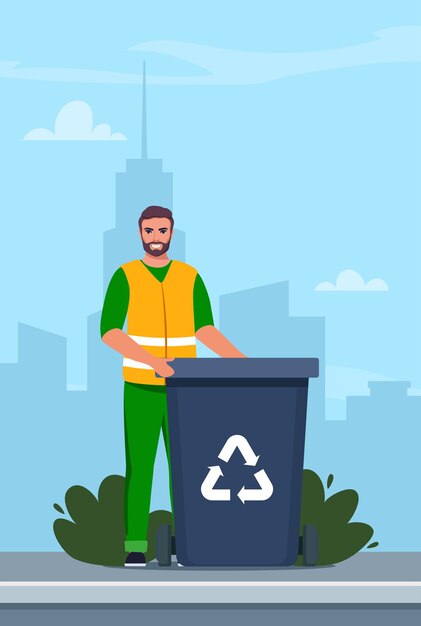 Garbage man in uniform with black trash bin and recycling symbol on it Garbage sorting