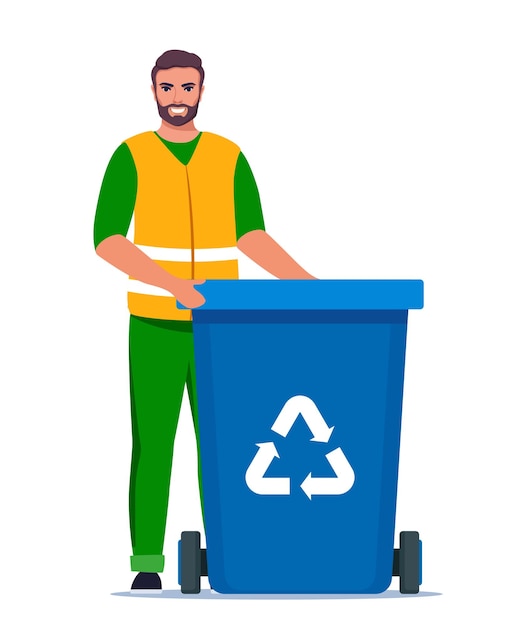 Garbage man in uniform with blue trash bin and recycling symbol on it Garbage sorting