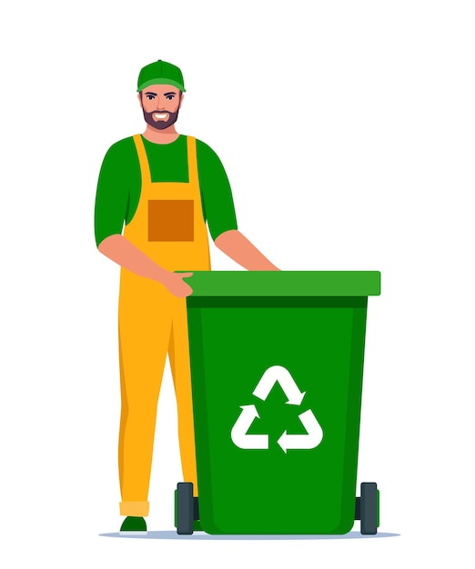 Garbage man in uniform with green trash bin and recycling symbol on it Garbage sorting