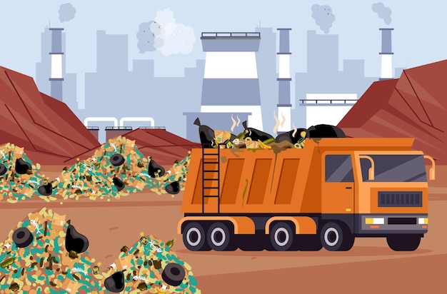 Vector garbage recycle factory truck waste production environment concept