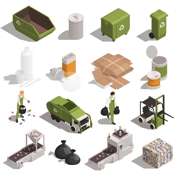 Vector garbage recycling color set of pressed waste container tank truck conveyor isometric icons isolated vector illustration