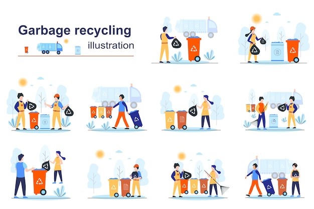 Garbage recycling concept scenes seo with tiny people in flat design Men and women collect