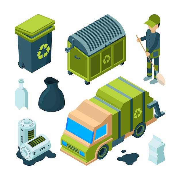 Garbage recycling isometric. city cleaning service truck urban incinerator utility bin with waste  3d collection