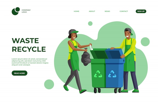 ゴミリサイクルランディングページフラットテンプレート。ゴミの削減、廃棄物管理、持続可能なライフスタイル1ページのウェブサイトのデザイン。ボランティアクリーニング、廃棄物分別ホームページ漫画の色のレイアウト