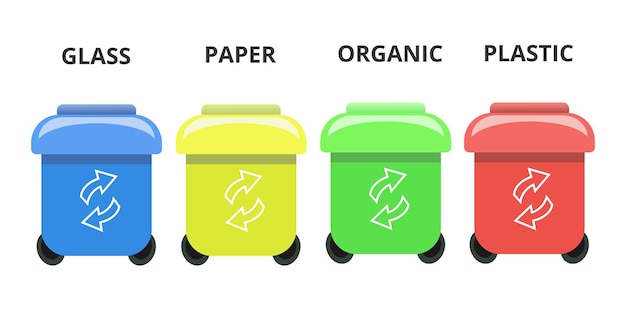 Garbage sorting container can organic plastic glass paper different icon set colorful illustration concept