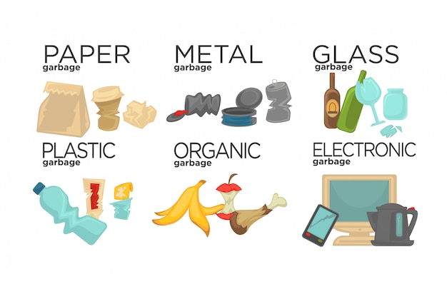 Garbage sorting food waste, glass, metal and paper