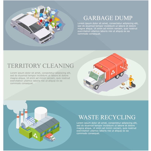 Garbage sorting and recycling vector isometric banner set