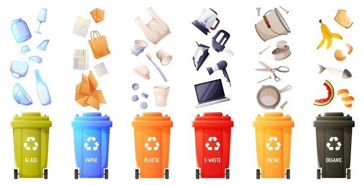 Vector garbage over trash bins waste management concept segregation separation trash bins sorting recycling trash can paper plastic scrap metal glass organic waste ewaste