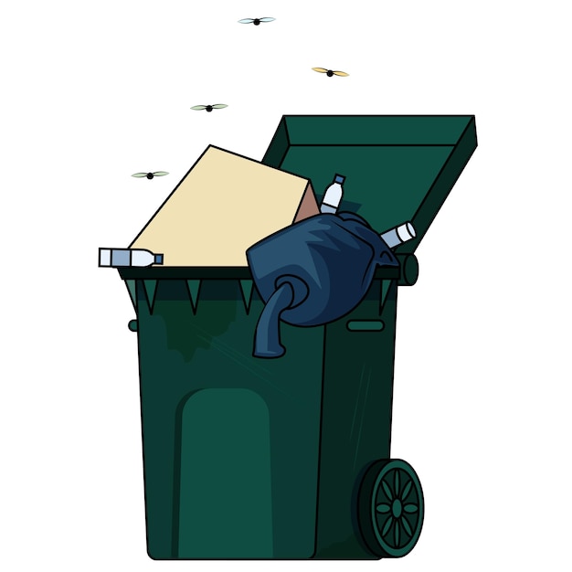 Vettore carrello della spazzatura, pieno di sacchi della spazzatura, plastica, bottiglie, verde, si trova davanti, su ruote, vect