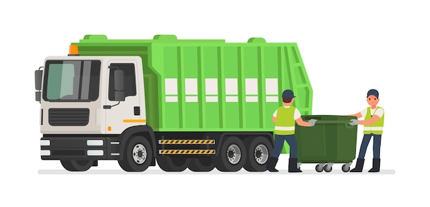 Camion della spazzatura e netturbini. gli operai degli spazzini puliscono il bidone della spazzatura. Vettore Premium