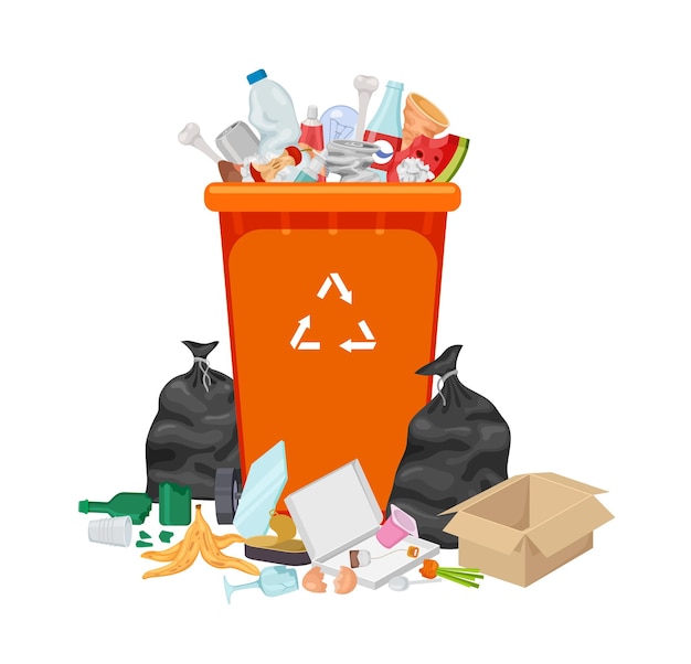 쓰레기 폐기물 컨테이너에 있는 쓰레기통 더러운 쓰레기 만화 전체 쓰레기통 격리된 유기 및 플라스틱 금속 캔과 병 정확한 벡터 장면