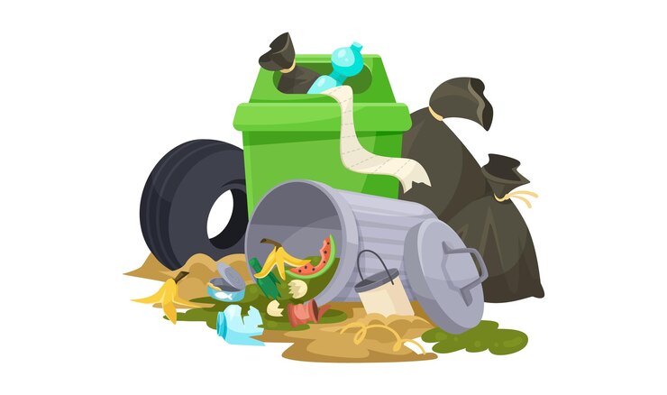 Vector garbage and waste pile with trash bags and containers vector illustration