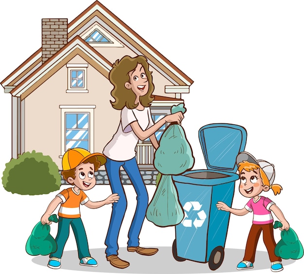 garbage womanand children cartoon vector