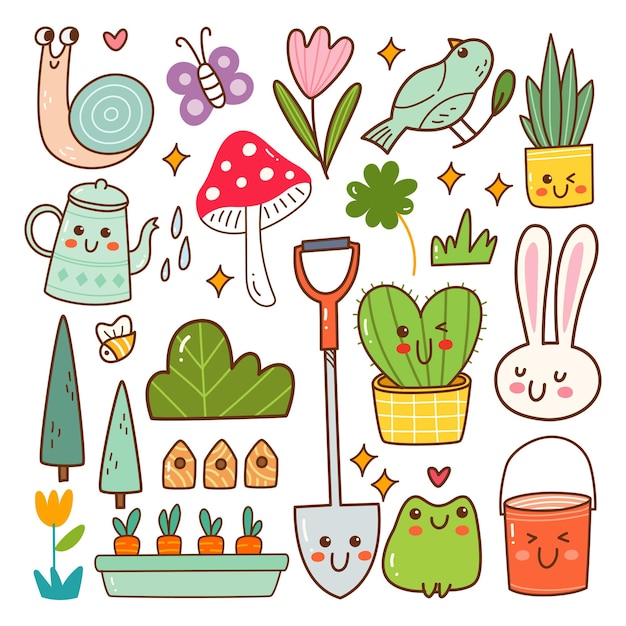 Garden animal and plant kawaii doodle set